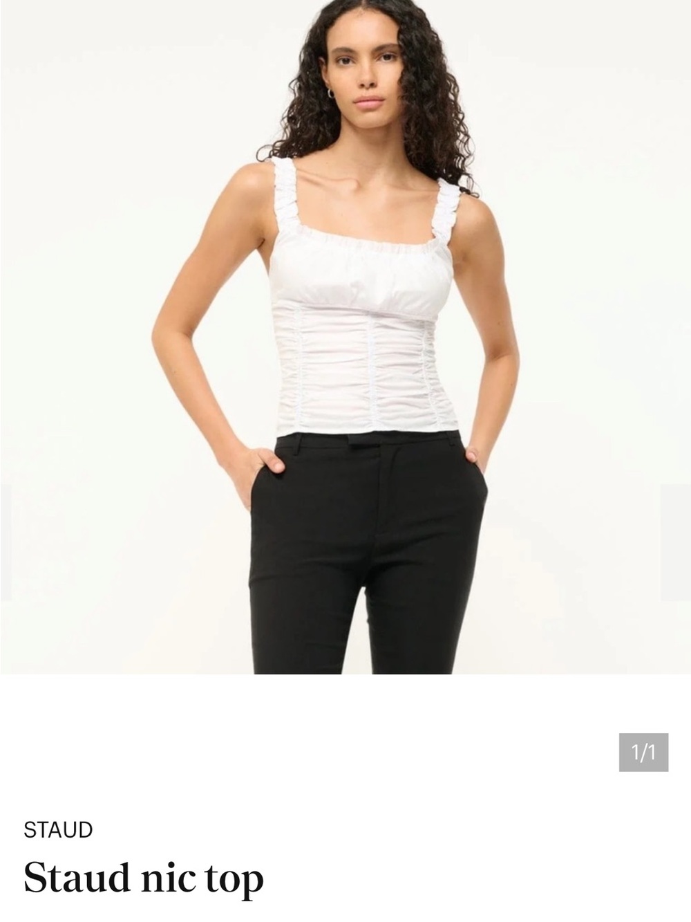STAUD White Ruched Camisole with Ruffled Straps Large